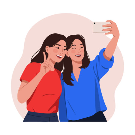 Two young women take a selfie together, one showing a peace sign while both smile happily in a casual setting. Joyful mood.のイラスト素材