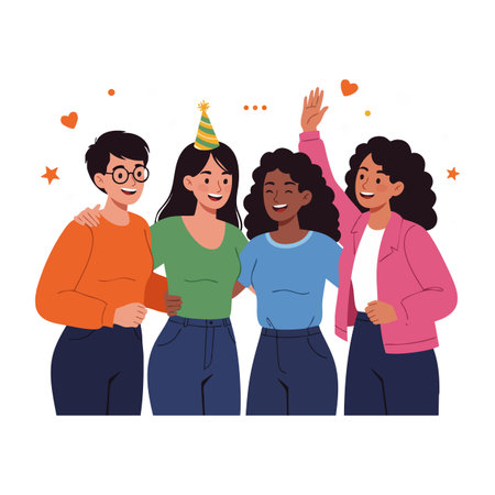 Four diverse young women stand close, smiling and celebrating with a party hat and hearts above. The scene is cheerful and friendly.のイラスト素材