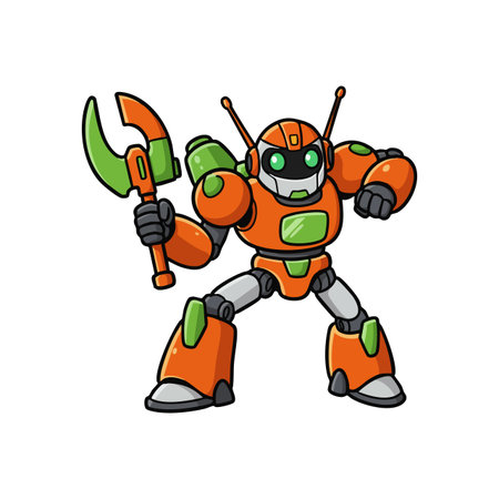 Futuristic orange and green robot with an ax stands ready in a dynamic pose, showcasing technology and strength, playful mood.のイラスト素材
