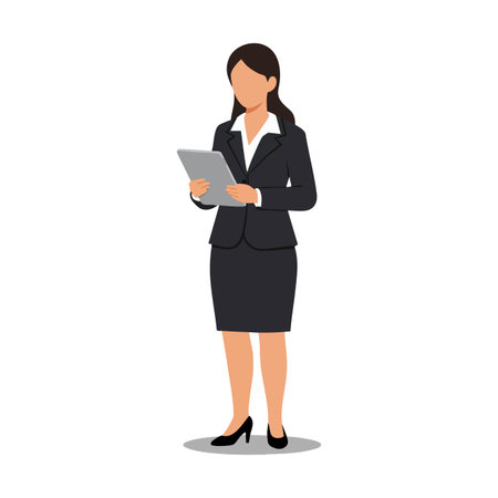 Businesswoman in formal black suit holds digital tablet, standing confidently in a professional office environment, conveying focus and professionalism. Calm mood.のイラスト素材