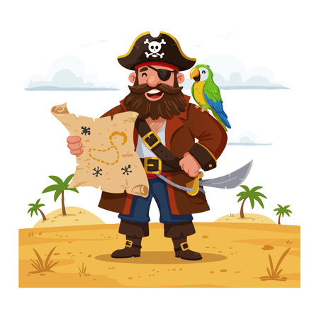 Illustration shows a pirate holding a treasure map with a parrot on his shoulder on a desert island, creating adventurous mood.のイラスト素材