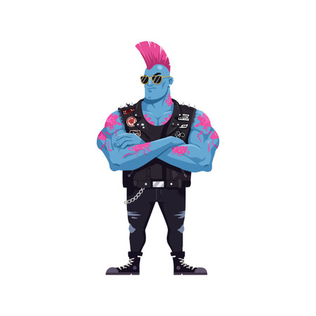 Illustration shows a blue-skinned punk rocker with pink mohawk wearing sunglasses and black leather vest, standing confidently. Bold and edgy mood.のイラスト素材