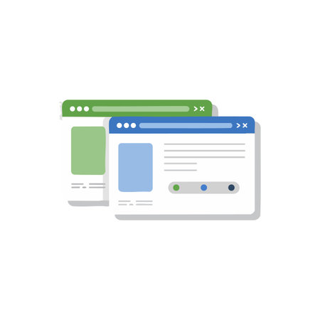Illustration shows two overlapping web browser windows with green and blue headers representing user interface elements. Clean and modern style. Calm.のイラスト素材