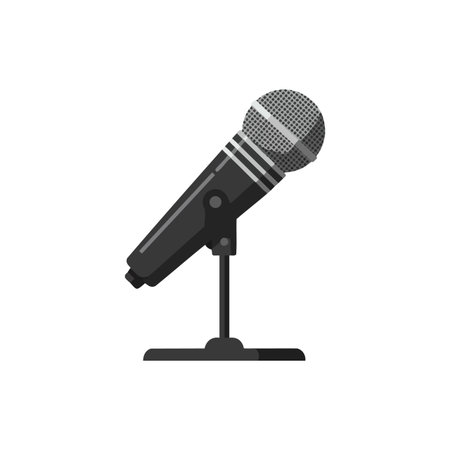 Vector image shows a professional microphone on a stand used for audio recording, broadcasting, and presentations in a clean minimalist style. Calm.のイラスト素材