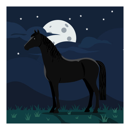 Illustration shows a black horse standing on grass beneath a full moon and starry night sky, creating a calm and mysterious mood.のイラスト素材
