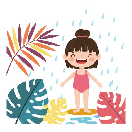 Illustration shows a happy girl in a pink swimsuit enjoying rain with colorful tropical leaves around, creating a joyful and playful mood.のイラスト素材