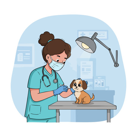 Female veterinarian wearing mask examines a small puppy on the table under a clinic lamp, ensuring pet health in a professional setting. Calm mood.のイラスト素材