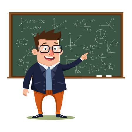 Illustration shows a male teacher in glasses pointing at mathematical formulas on a green chalkboard in a classroom, conveying education and knowledge. Cheerful mood.のイラスト素材
