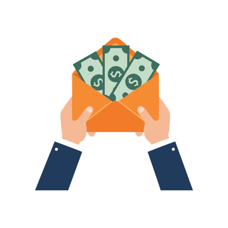 Hands hold an orange envelope filled with dollar bills representing money and finance concepts in flat vector style, conveying financial optimism.のイラスト素材