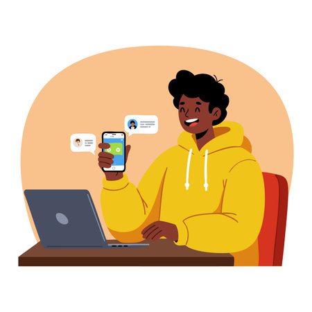 A young person happily interacts with a smartphone and laptop, engaging in online chat and social networking in a casual setting. Cheerful mood.のイラスト素材