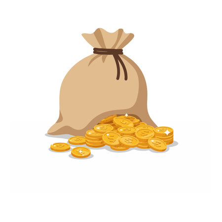Illustration shows a money bag spilling gold coins representing wealth and savings in a simple style. The mood is optimistic.のイラスト素材