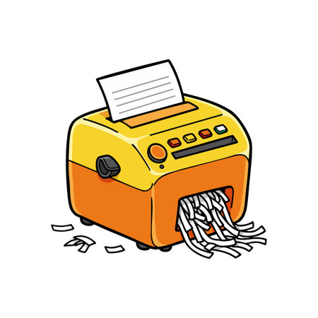 This vector illustration shows a paper shredder machine with yellow and orange colors shredding documents, conveying security and privacy protection mood.のイラスト素材