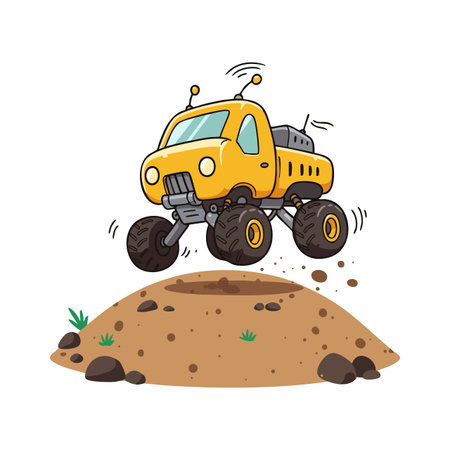 Yellow monster truck jumps energetically over a dirt hill with rocks and grass, showing motion and excitement in this vector illustration. Energetic mood.のイラスト素材