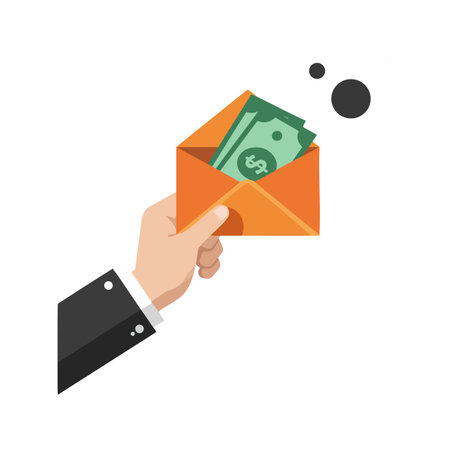 Vector illustration shows a hand in suit holding an orange envelope with green dollar bills inside, symbolizing finance and payment. Professional mood.のイラスト素材