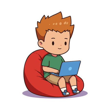 Boy with brown hair sits on a red bean bag working on a laptop, wearing green shirt and shorts, in a relaxed setting. Cheerful mood.のイラスト素材