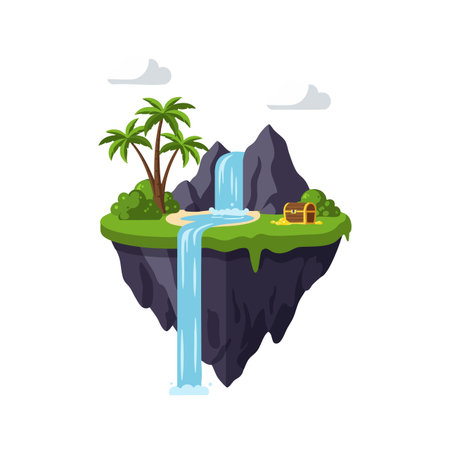 Vector illustration shows a floating island with a waterfall, palm trees, and a treasure chest in a calm setting. Peaceful and imaginative.のイラスト素材