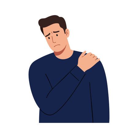 Illustration shows a man in a blue sweater holding his shoulder, expressing pain and discomfort with a sad facial expression. Mood is empathetic.のイラスト素材