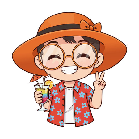 This vector shows a smiling person in an orange hat and floral shirt holding a cocktail and making a peace sign, depicting cheerful summer mood.のイラスト素材