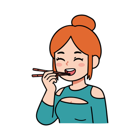 Illustration shows a woman with red hair enjoying food using chopsticks, smiling with closed eyes in a casual teal top, cheerful mood.のイラスト素材