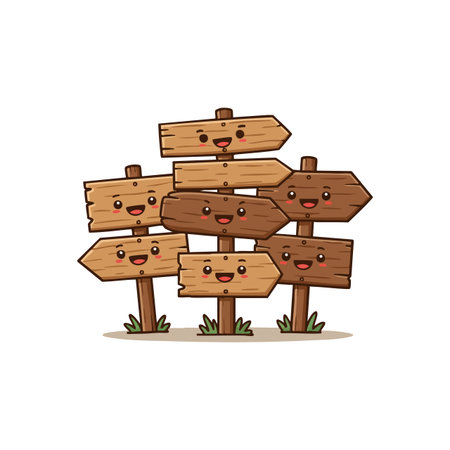 Vector illustration shows wood directional signpost with smiling faces, conveying friendly guidance and cheerful mood. Cartoon style, playful atmosphere.のイラスト素材