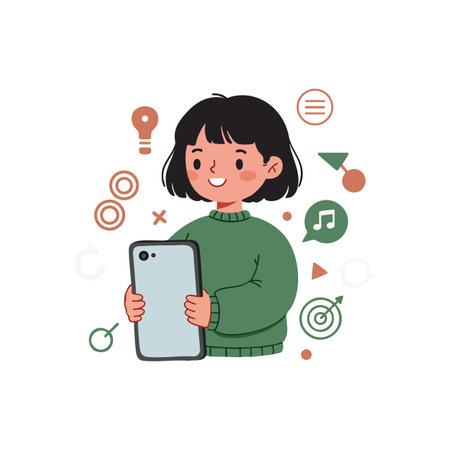 Illustration shows a young girl with black hair and green sweater holding a smartphone surrounded by social media and digital icons. Cheerful mood.のイラスト素材
