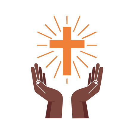 Illustration shows a glowing orange Christian cross above two raised brown hands expressing faith and worship with radiant light. Spiritual and peaceful mood.のイラスト素材