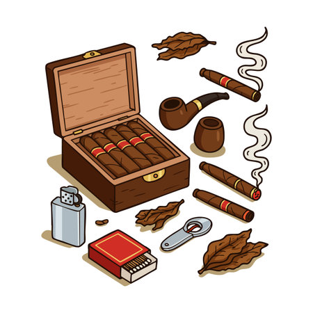 Vector illustration shows a wooden cigarette box, smoking pipes, lit cigars, matches, lighter, and tobacco leaves arranged neatly. Relaxed mood.のイラスト素材