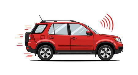 Illustration shows red SUV car with wireless signal and motion lines indicating movement in a clean vector style. Dynamic and modern mood.のイラスト素材