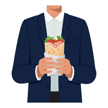 Illustration shows a man wearing a navy suit holding a fresh wrap sandwich with vegetables and meat, conveying a casual dining mood.のイラスト素材