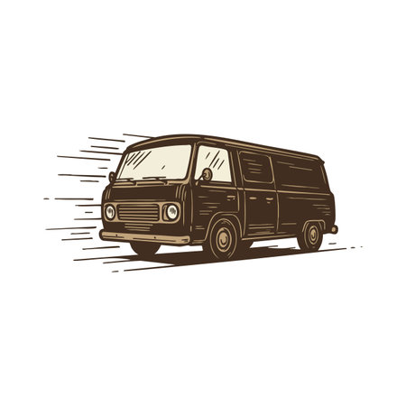 Illustration shows a vintage brown delivery van speeding with motion lines, emphasizing fast movement and classic vehicle style, dynamic and energetic.のイラスト素材