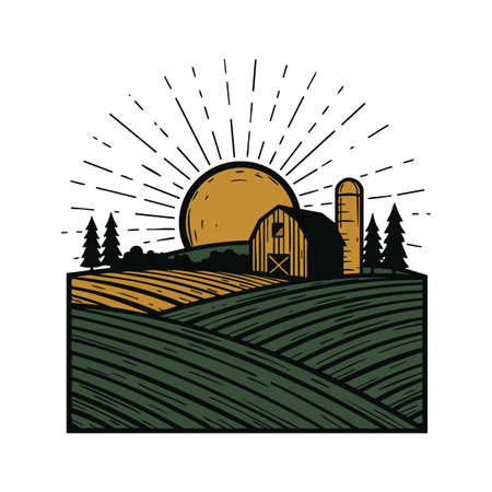 Illustration shows a rustic farm landscape with barn, silo, trees, and rising sun creating warm golden light in a calm countryside mood.のイラスト素材