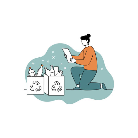 Illustration shows a person kneeling while sorting recyclable bottles and paper with a green background, promoting environmental responsibility and care. Calm mood.のイラスト素材