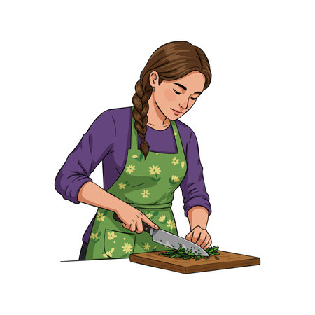 Woman with brown hair in braid cuts fresh herbs on a wooden board wearing a green floral apron and purple shirt, focused and calm mood.のイラスト素材