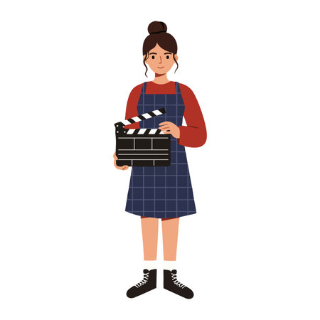 Illustration shows a young woman holding a movie clapperboard wearing a checkered dress and red shirt in a studio setting. Cheerful mood.のイラスト素材