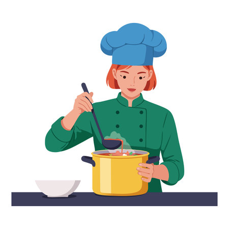 Female chef prepares soup in a yellow pot while wearing a blue hat and green uniform in a kitchen setting, focused and calm mood.のイラスト素材