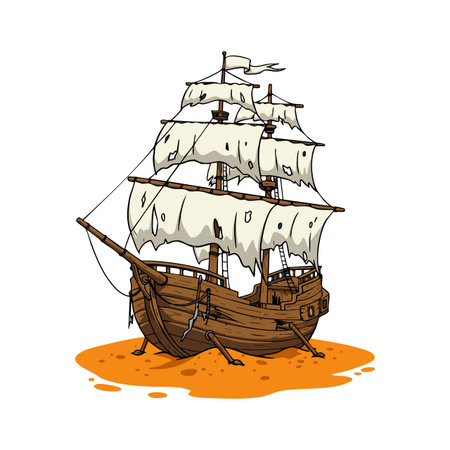 Illustration shows an old wooden sailing ship with white sails floating on orange water in a calm setting. Peaceful mood.のイラスト素材