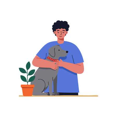 Illustration shows a man hugging a gray dog beside a green potted plant, wearing a blue shirt in a calm and friendly mood.のイラスト素材