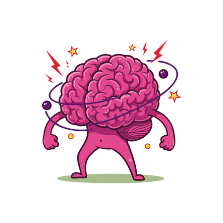 Illustration of a strong human brain with muscular arms and legs surrounded by energy lines and stars creating a dynamic energetic mood.のイラスト素材