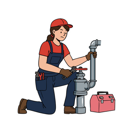 Woman plumber kneels adjusting a pipe valve wearing gloves and cap with tools nearby in a clear vector style. Practical and focused mood.のイラスト素材