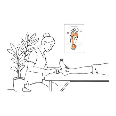 Therapist performs foot reflexology therapy on a client lying on a table with foot reflex points chart nearby in a calm setting. Relaxing mood.のイラスト素材