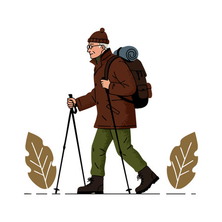 Illustration shows a hiker wearing warm jacket, hat, and boots, carrying a backpack and using trekking poles, walking in nature. Adventurous mood.のイラスト素材