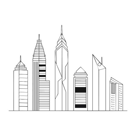 This vector features a modern city skyline with abstract skyscraper buildings in clean line art style, presenting an urban architectural scene. Calm.のイラスト素材