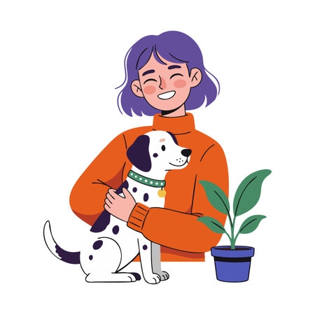 Illustration shows a smiling woman hugging a spotted dog next to a green potted plant, expressing warmth and companionship. Cheerful mood.のイラスト素材