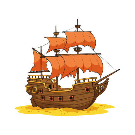 Illustration shows a wooden sailing ship with orange sails resting on a sandy sea floor. The image conveys a nautical and adventurous mood.のイラスト素材