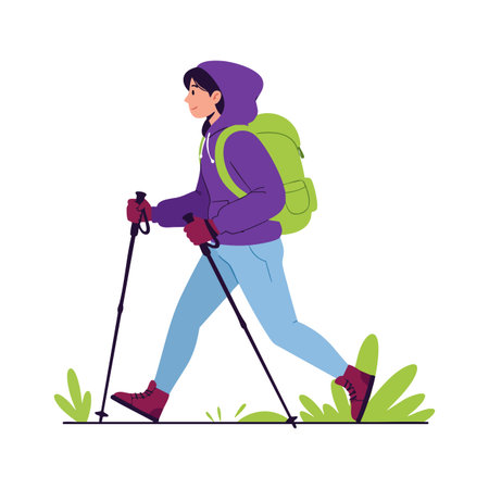 Woman dressed in purple jacket and blue pants hiking outdoors using trekking poles with green backpack, walking on grass, active and calm mood.のイラスト素材