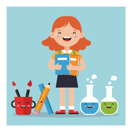 Illustration shows a cheerful red-haired schoolgirl holding books, surrounded by happy stationery and chemistry flasks, creating a playful educational mood.のイラスト素材
