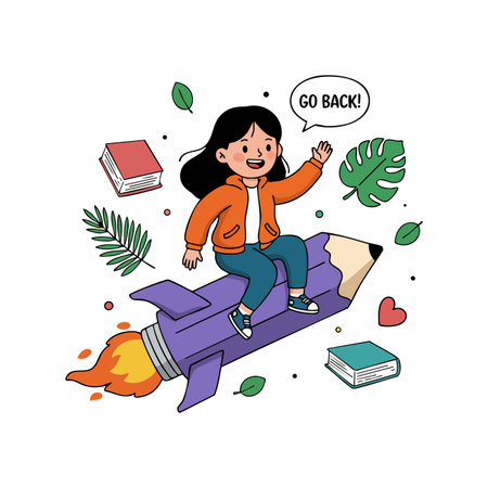 A girl in an orange jacket rides a purple pencil rocket surrounded by books and leaves, saying Go back! in a playful style. Cheerful mood.のイラスト素材