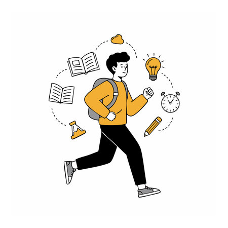 Illustration shows a student running with a backpack surrounded by education symbols including lightbulb, clock, books, and pencil, conveying motivation and focus.のイラスト素材