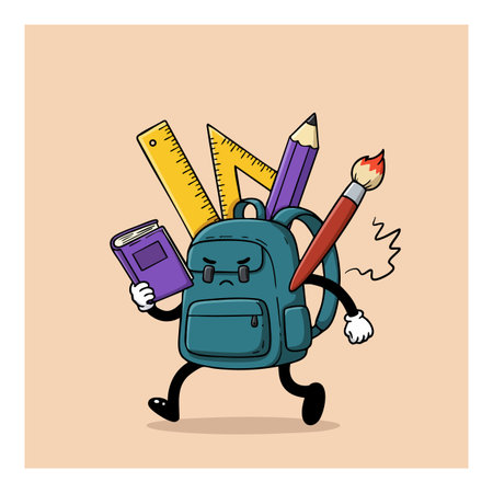 This vector illustration shows a walking backpack carrying a book, pencil, ruler, and paintbrush in a playful style. Cheerful mood.のイラスト素材