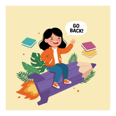 Illustration shows a happy girl riding a purple rocket with books floating around, expressing the phrase go back in a playful mood.のイラスト素材